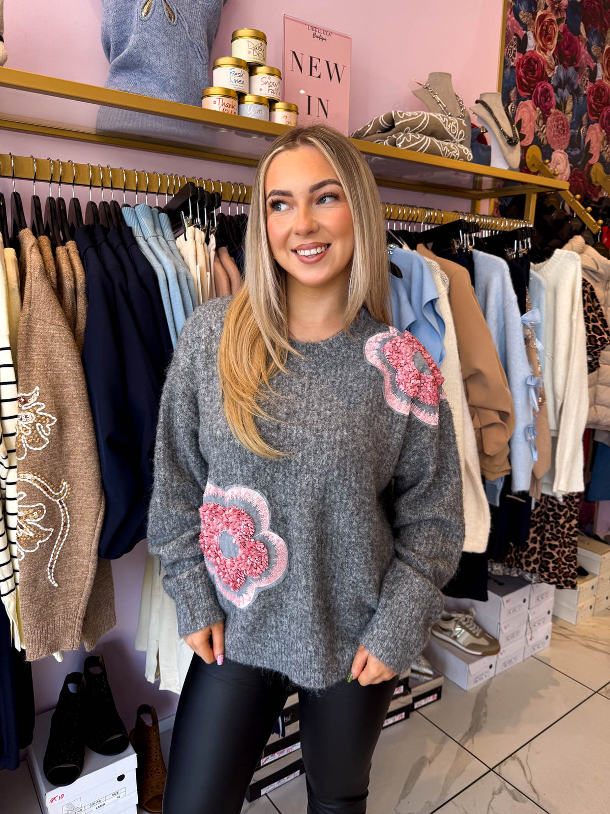 The Tate - Pink Flower Detailing Knit