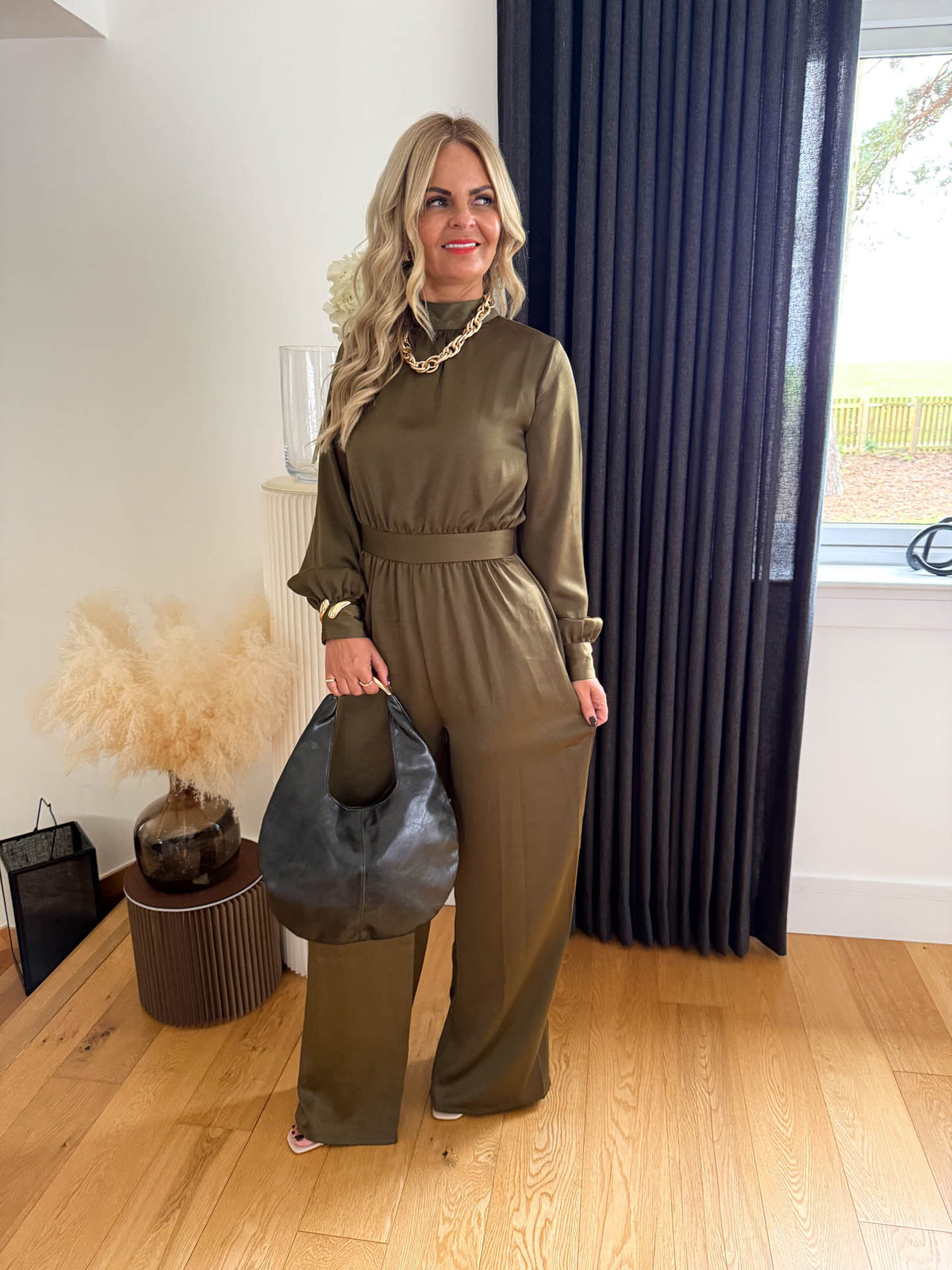 The Mary - Green Satin Long Sleeve Jumpsuit