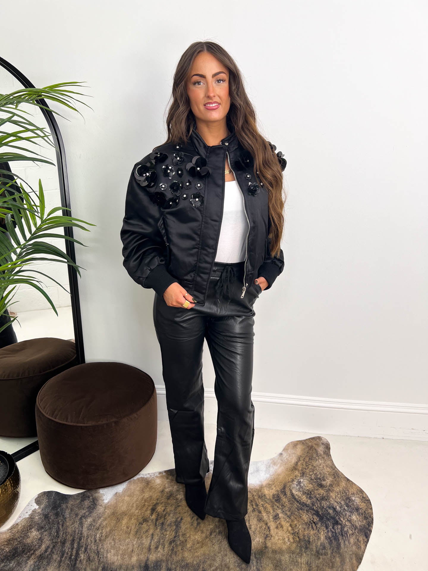 The Ava - Satin Bomber with Floral Embellishment