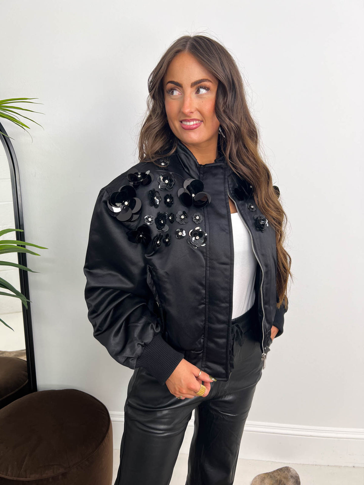 The Ava - Satin Bomber with Floral Embellishment