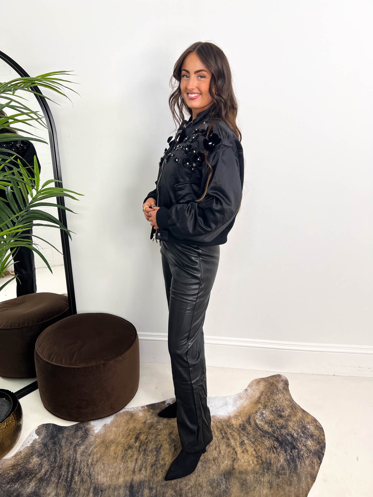 The Ava - Satin Bomber with Floral Embellishment