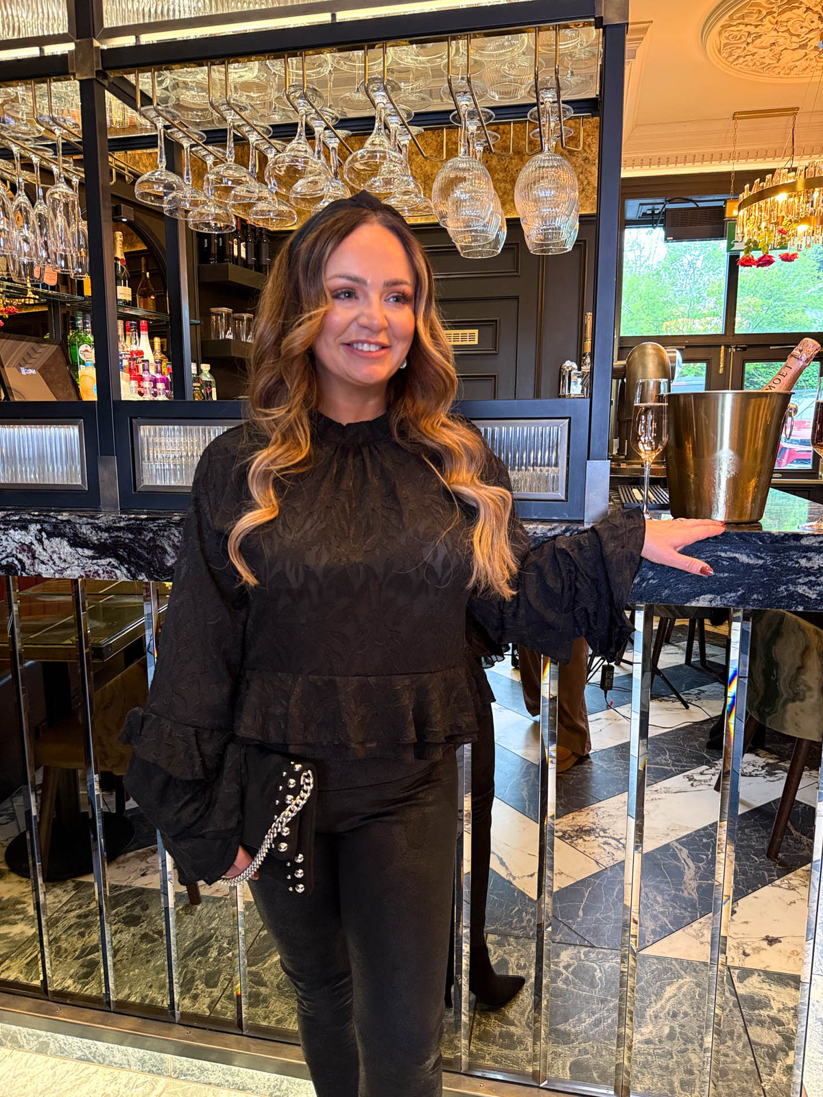 The Gabby - Black Leaf Print Frill Hem Blouse
