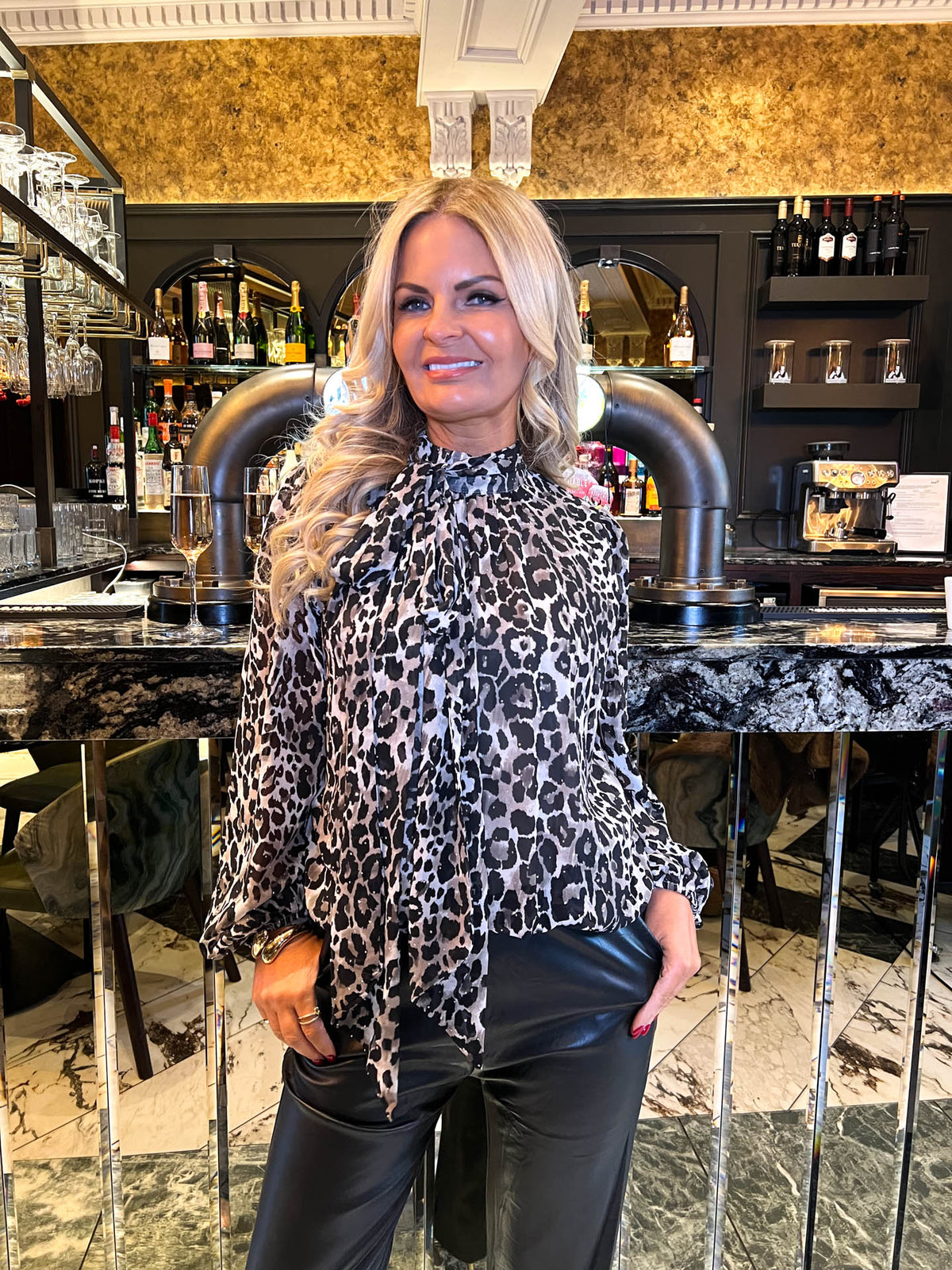 The Bethany - Leopard Print  Tie Neck Floaty Blouse
