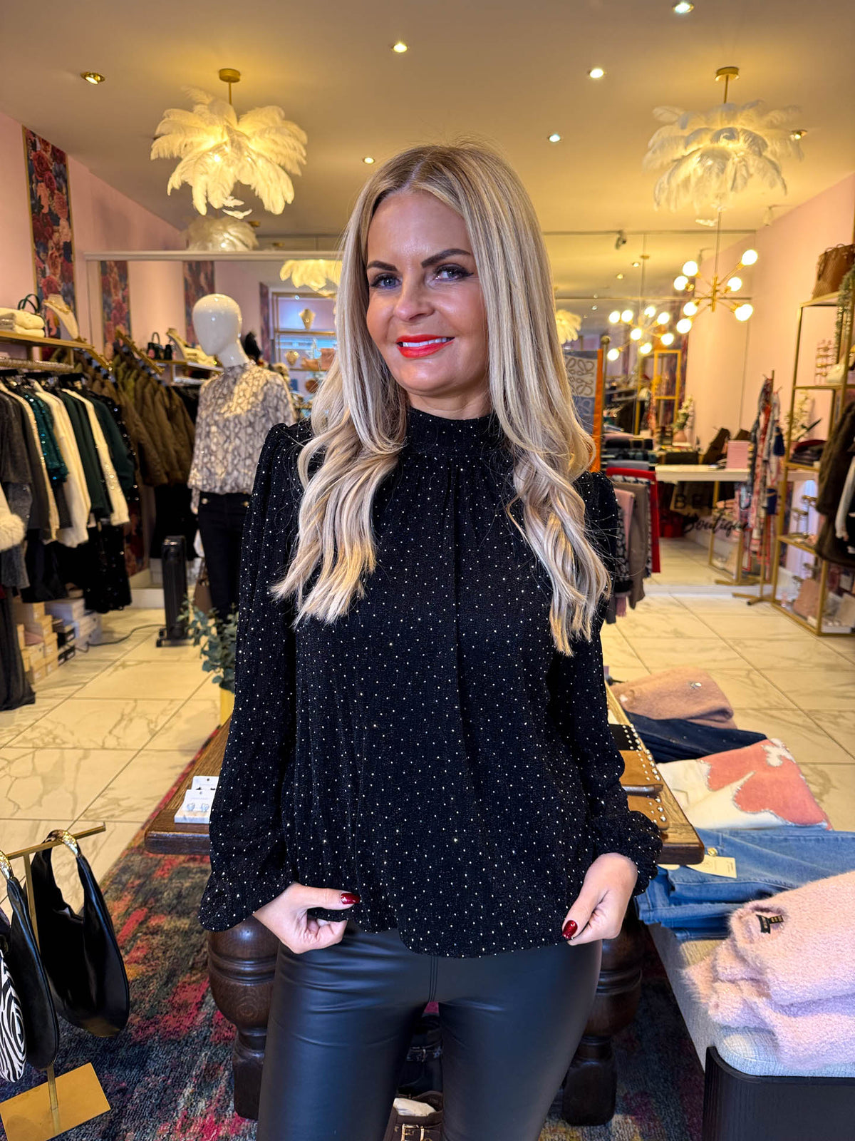 The Roni - Black Diamante Balloon Hem Blouse