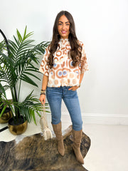 The Ophelia - Peacock Print Short Balloon Sleeve Blouse