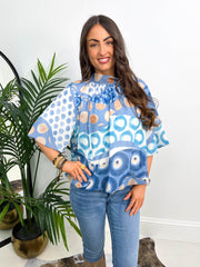 The Ophelia - Peacock Print Short Balloon Sleeve Blouse