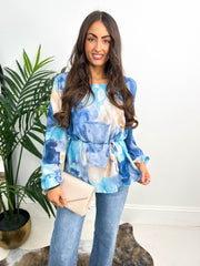 The Trisha - Marble Print Tie Waist Blouse