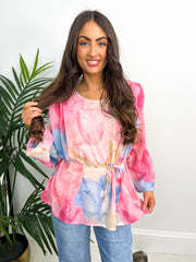 The Trisha - Marble Print Tie Waist Blouse