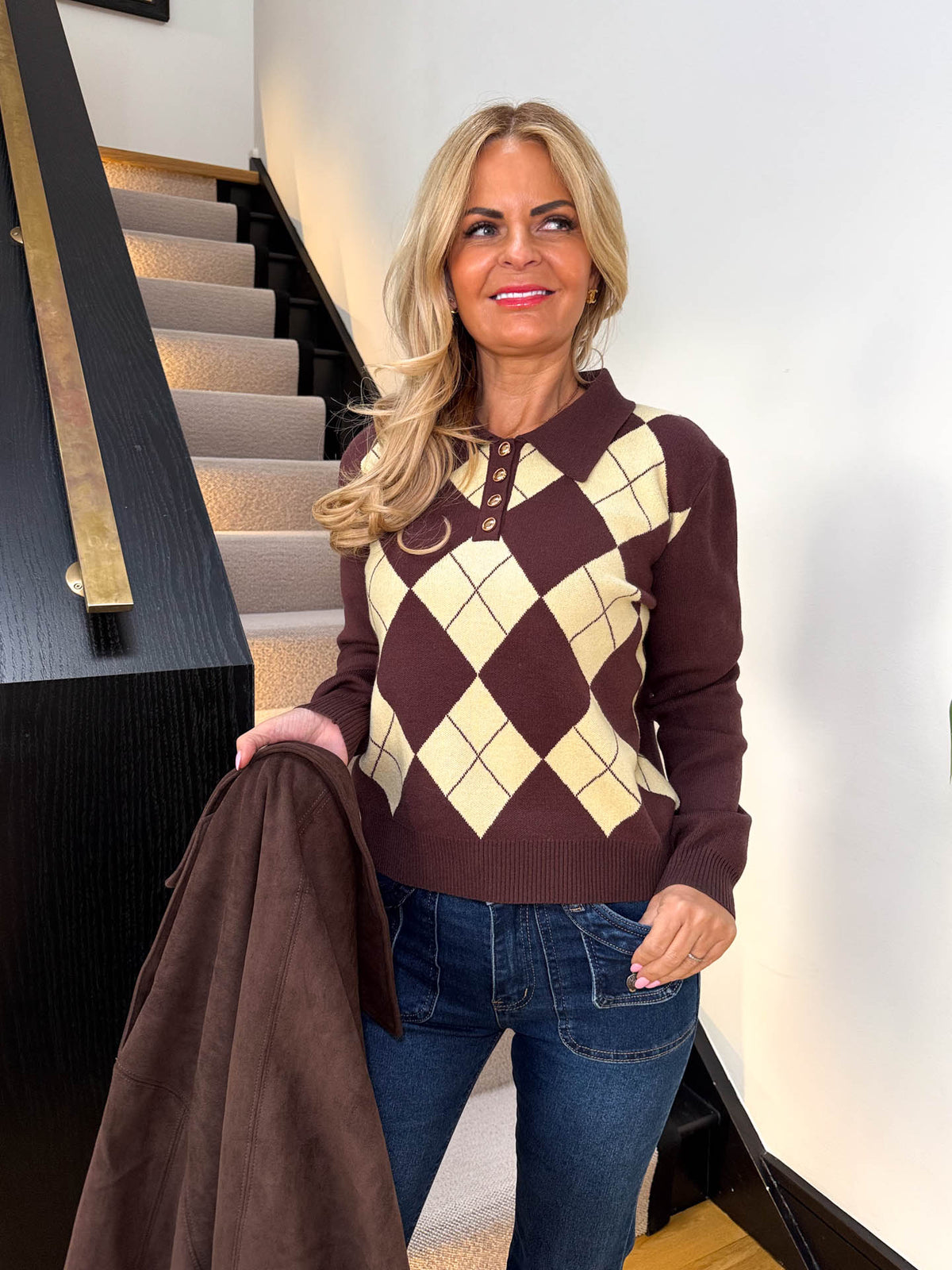 The Perry - Argyle Print Long Sleeve Knitted Polo