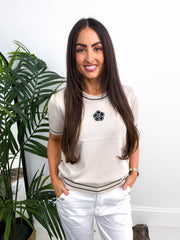 The Hannah - Flower Beaded Detail Short Sleeve Knit