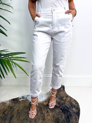 The Felicia - White Denim Silver Button Mom Jeans