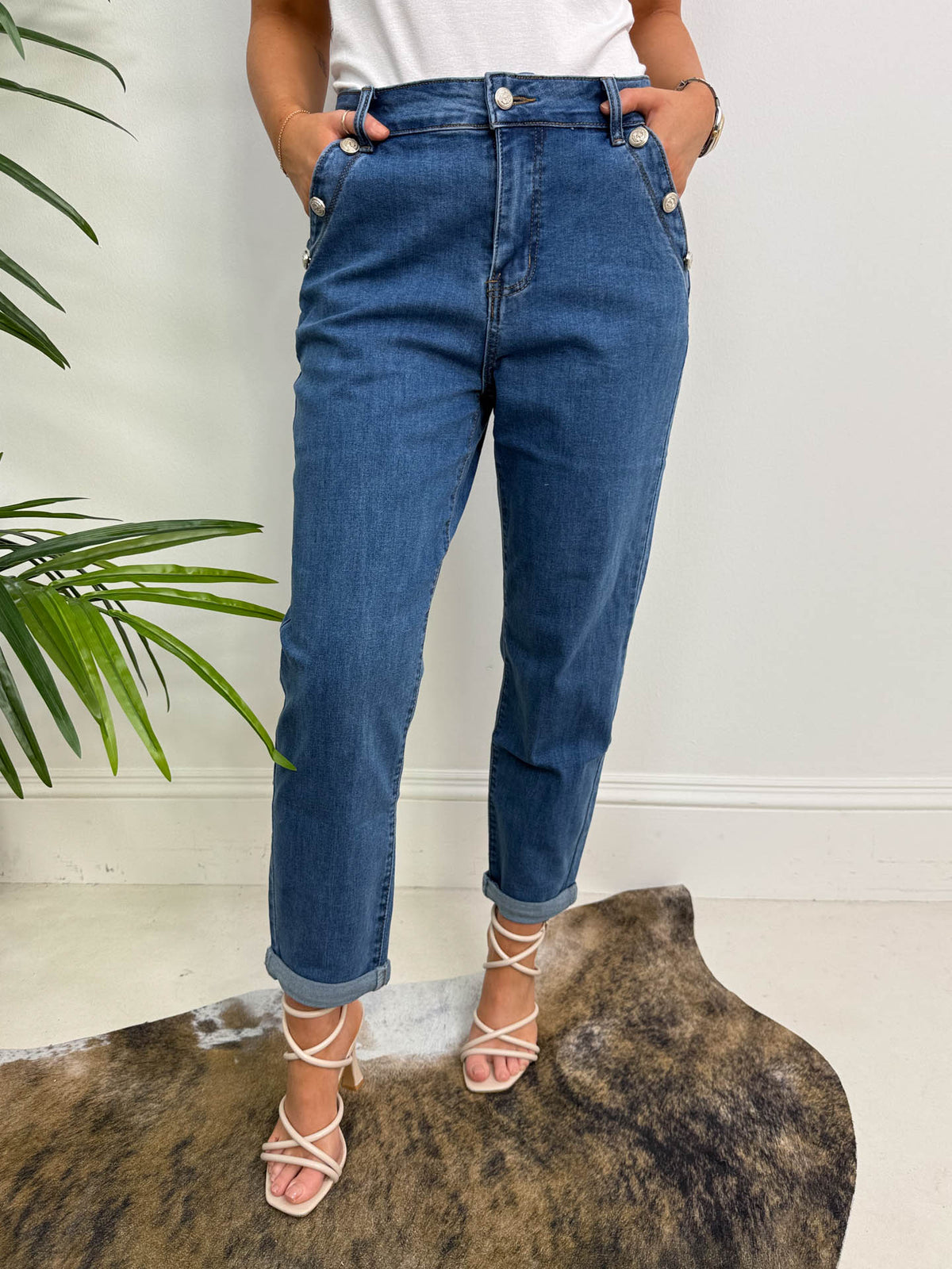 The Felicia - Dark Denim Silver Button Mom Jeans