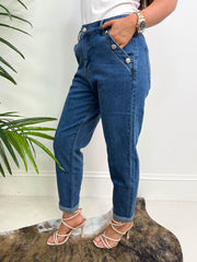 The Felicia - Dark Denim Silver Button Mom Jeans