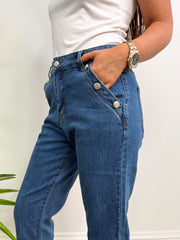 The Felicia - Dark Denim Silver Button Mom Jeans