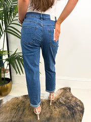 The Felicia - Dark Denim Silver Button Mom Jeans