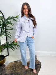 The Monica - Striped Long Sleeve Blouse with Tie Neck