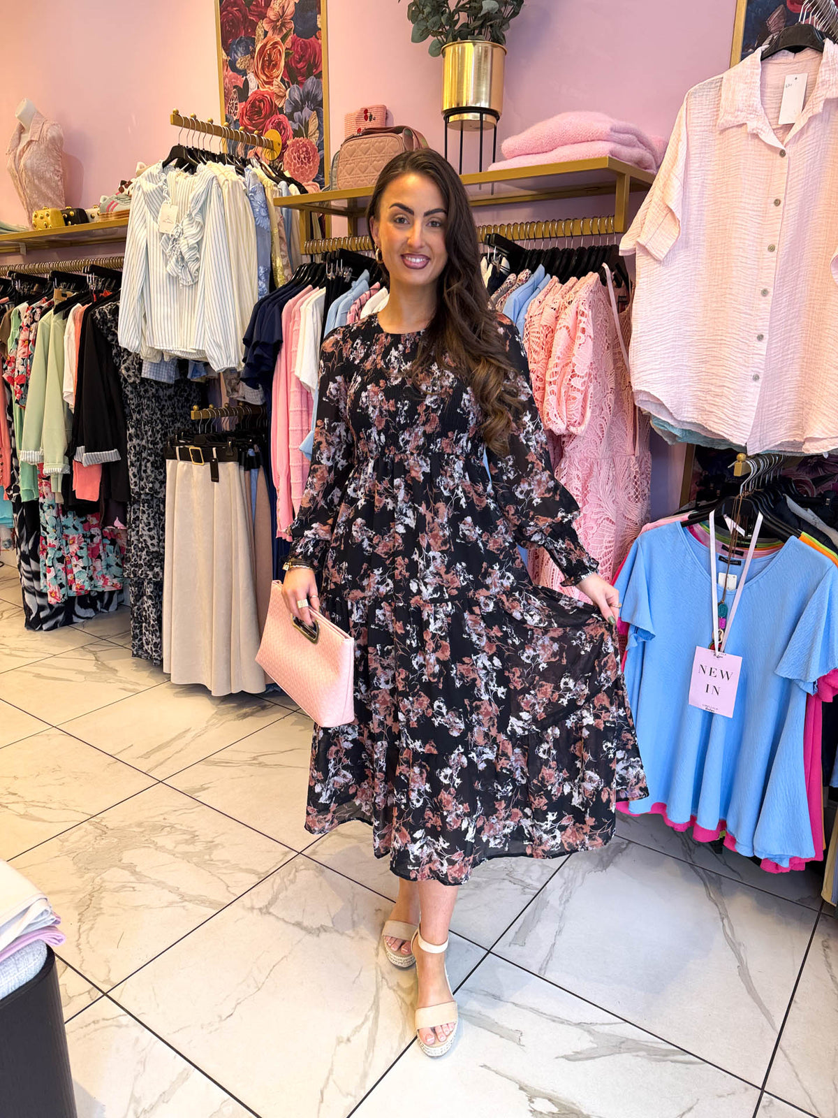 The Beatrice - Pink and White Obscure Floral Print Midi Dress
