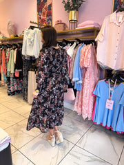 The Beatrice - Pink and White Obscure Floral Print Midi Dress
