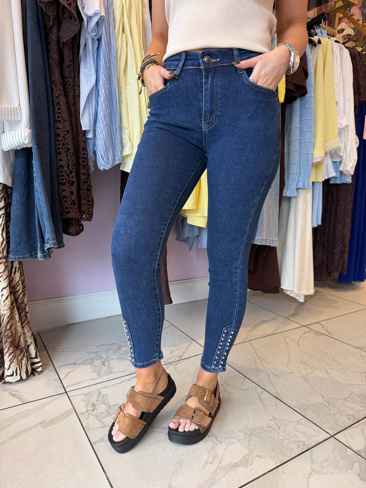 The Tracey - Dark Denim Diamante Ankle Skinny Jeans