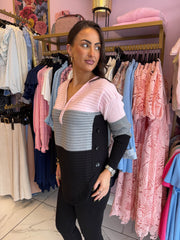 The Paige - Half Zip Pink/Grey/Black Large Striped Button Knit