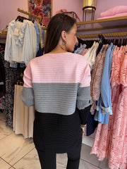 The Paige - Half Zip Pink/Grey/Black Large Striped Button Knit