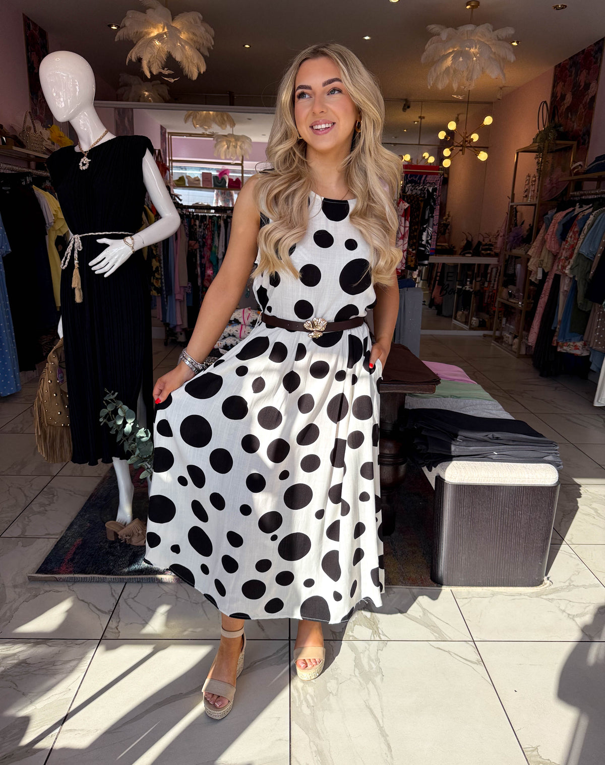 The Pollyanna - Polka Dot Linen Maxi Belted Dress
