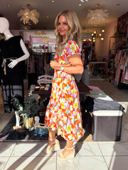 The Nicole - Orange Bold Floral Tiered Midi Dress