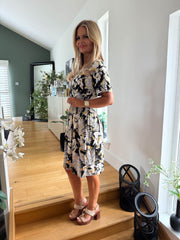 The Edith - Floral Gold Leaf Print Slinky Mini Dress