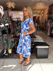 The Pippa - Blue Tropical Print Tiered Midi Dress
