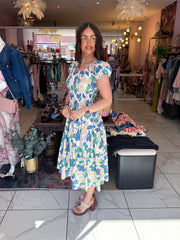 The Nicole - Blue and Teal Floral Print Midi Dress