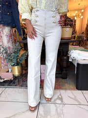 The Mabel - Beige Gold Button Detail Flared Jeans