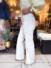 The Mabel - Beige Gold Button Detail Flared Jeans