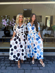 The Demi - Circle Print Tie Shirt Maxi Dress
