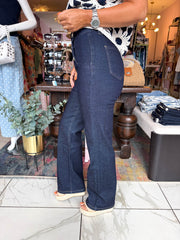 The Mabel - Dark Denim Gold Button Detail Flared Jeans