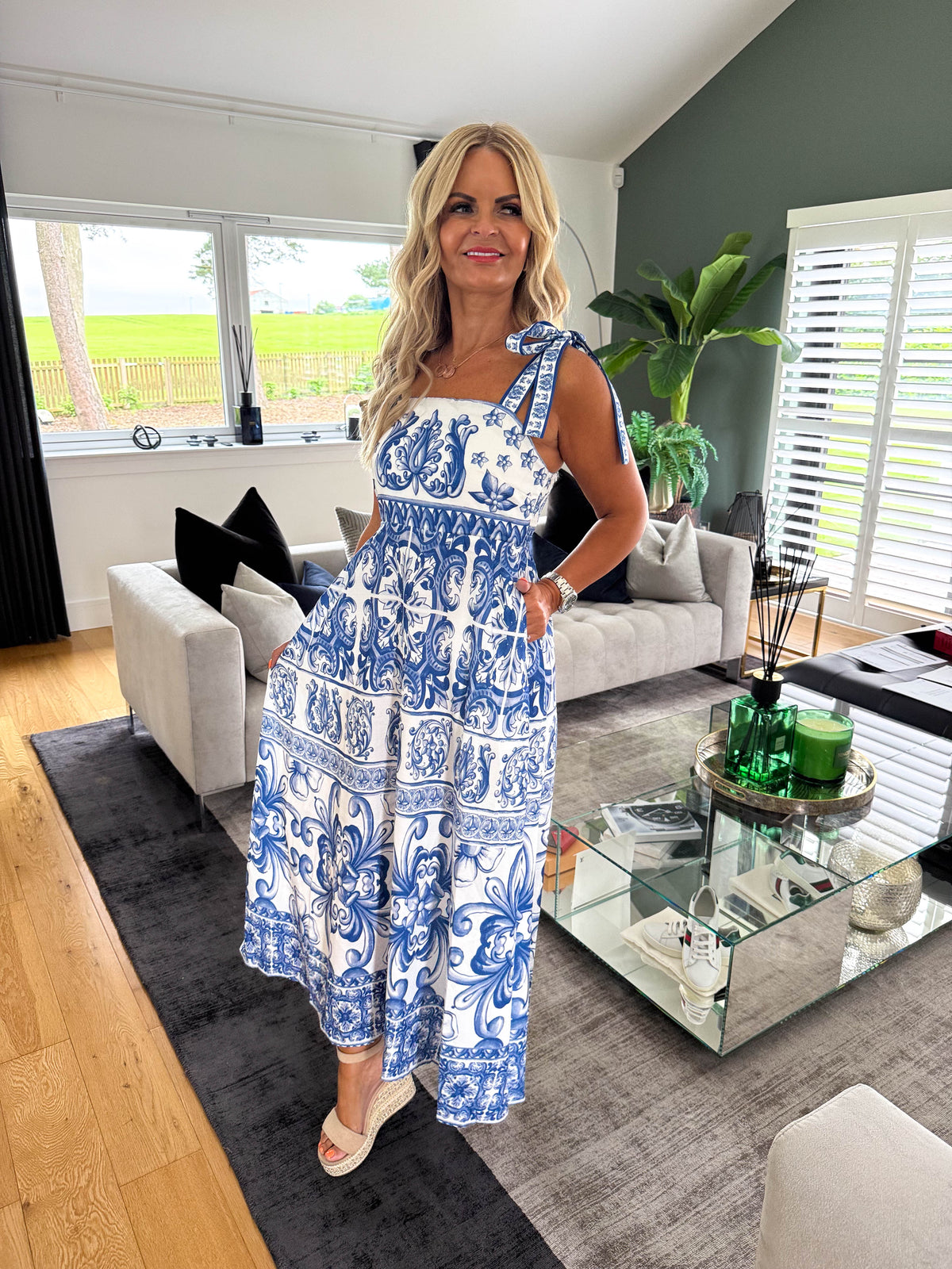 The Julianna - Blue Mosaic Bow Strap Maxi Dress