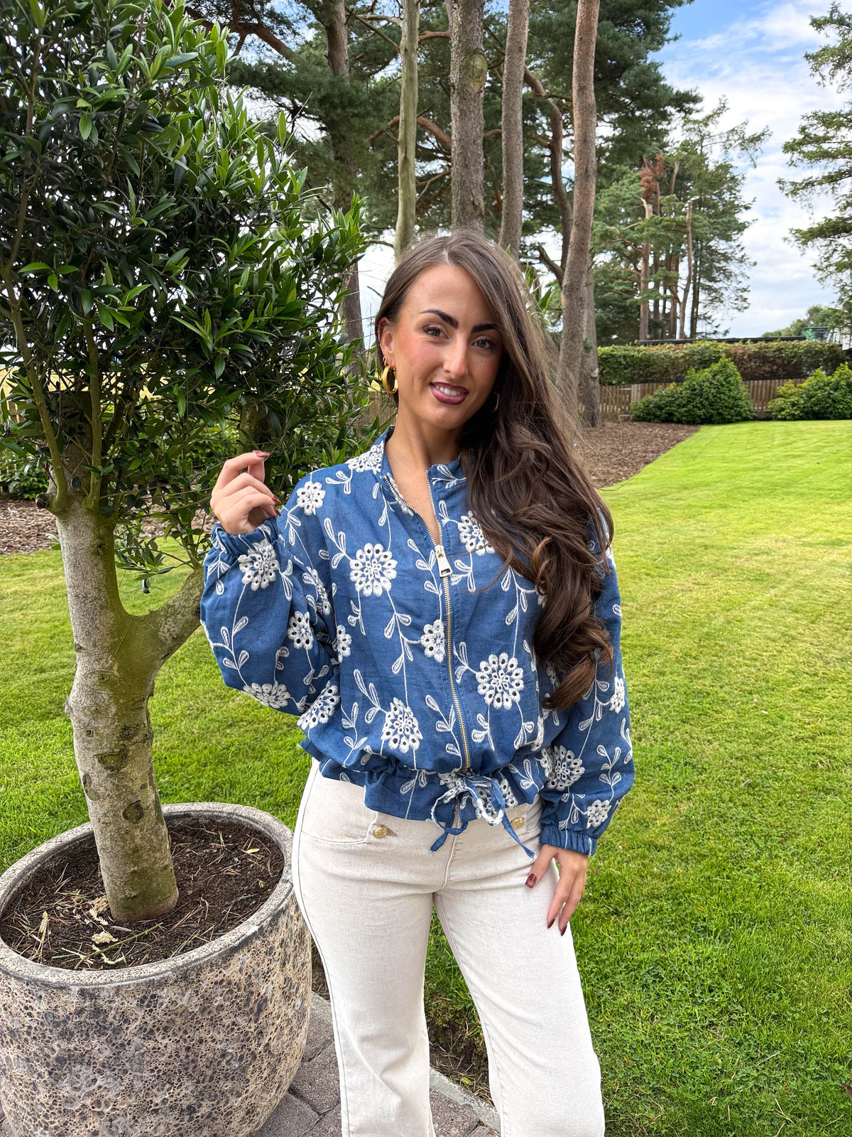 The Leah - Denim Floral Broidery Anglaise Bomber Jacket