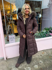 The Polly - Brown Longline Faux Fur Hooded Puffer Coat