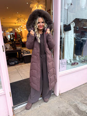 The Polly - Brown Longline Faux Fur Hooded Puffer Coat