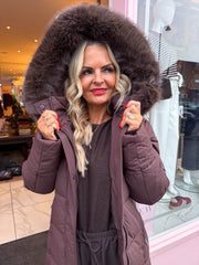The Polly - Brown Longline Faux Fur Hooded Puffer Coat