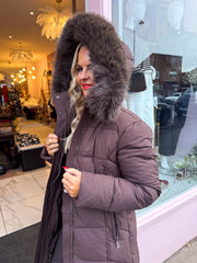 The Polly - Brown Longline Faux Fur Hooded Puffer Coat