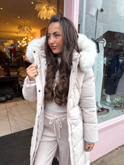 The Polly - Beige Longline Faux Fur Hooded Puffer Coat