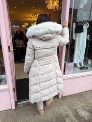 The Polly - Beige Longline Faux Fur Hooded Puffer Coat
