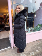 The Polly - Black Longline Faux Fur Puffer Coat