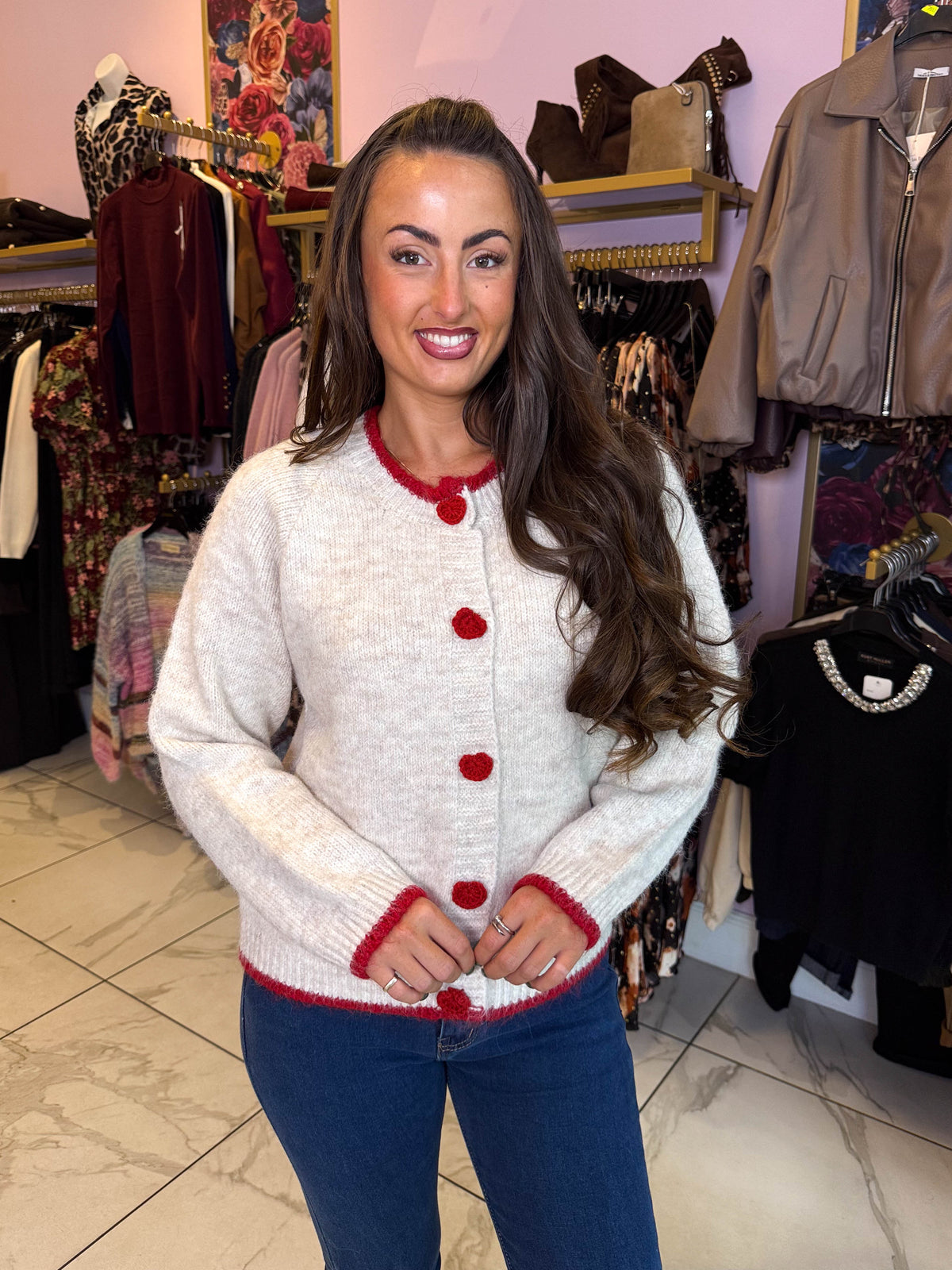 The Clover - Heart Button Red Trim Cardigan