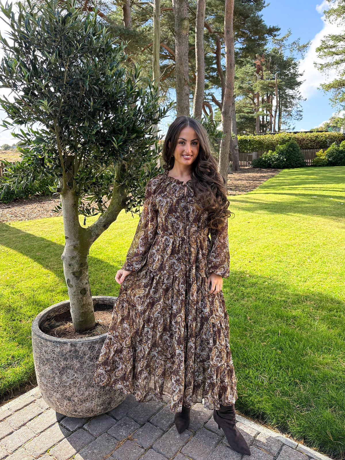The Penelope - Brown Paisley Print Tiered Midi Dress