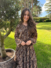 The Penelope - Brown Paisley Print Tiered Midi Dress