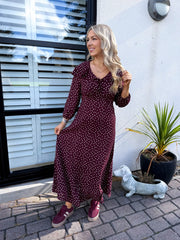 The Lucy - Wine Ruffle Collar Polka Dot Midi Dress