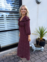 The Lucy - Wine Ruffle Collar Polka Dot Midi Dress