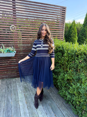 The Valentina - Navy Stripe Knitted Top Tulle Skirt Dress