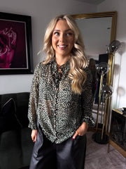 The Julia - Khaki Micro Spotted Balloon Sleeve Blouse